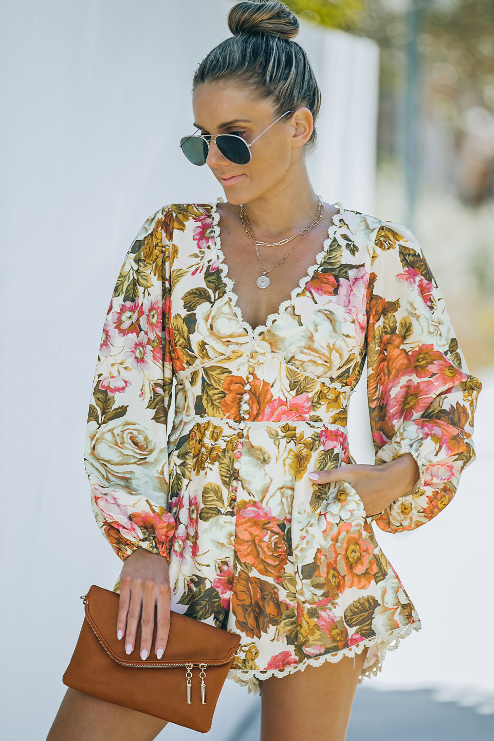 Floral Print V Neck Bishop Sleeve Lace Trim Romper Jumpsuits & Rompers JT's Designer Fashion