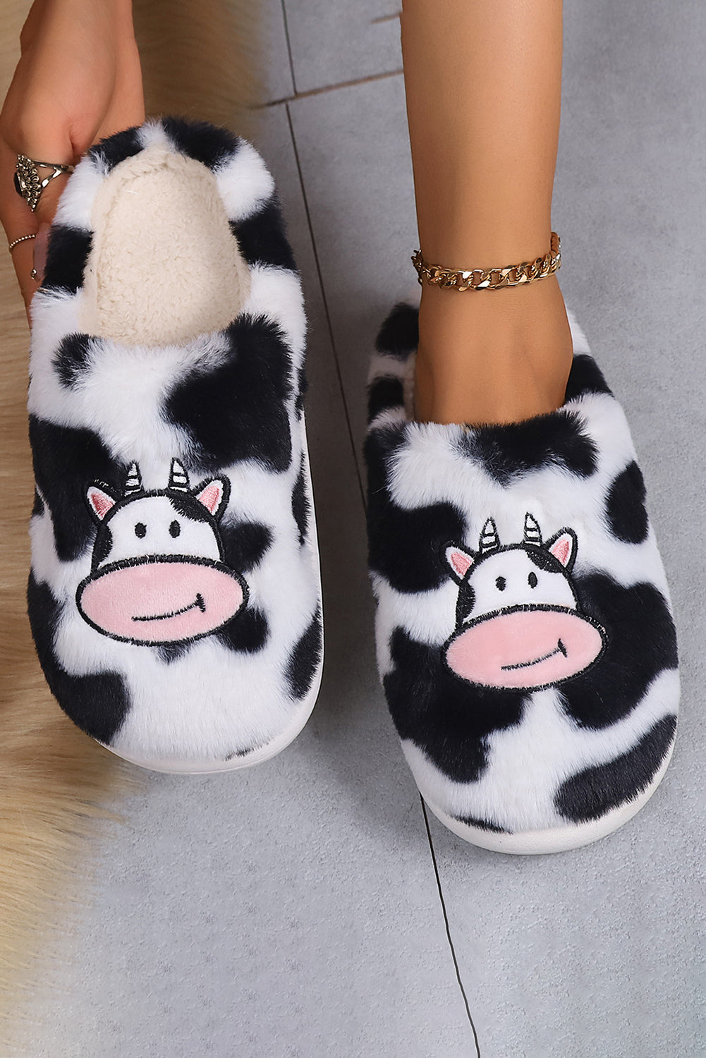 Bright White Cartoon Cow Embroidered Fuzzy Home Slippers Slippers JT's Designer Fashion