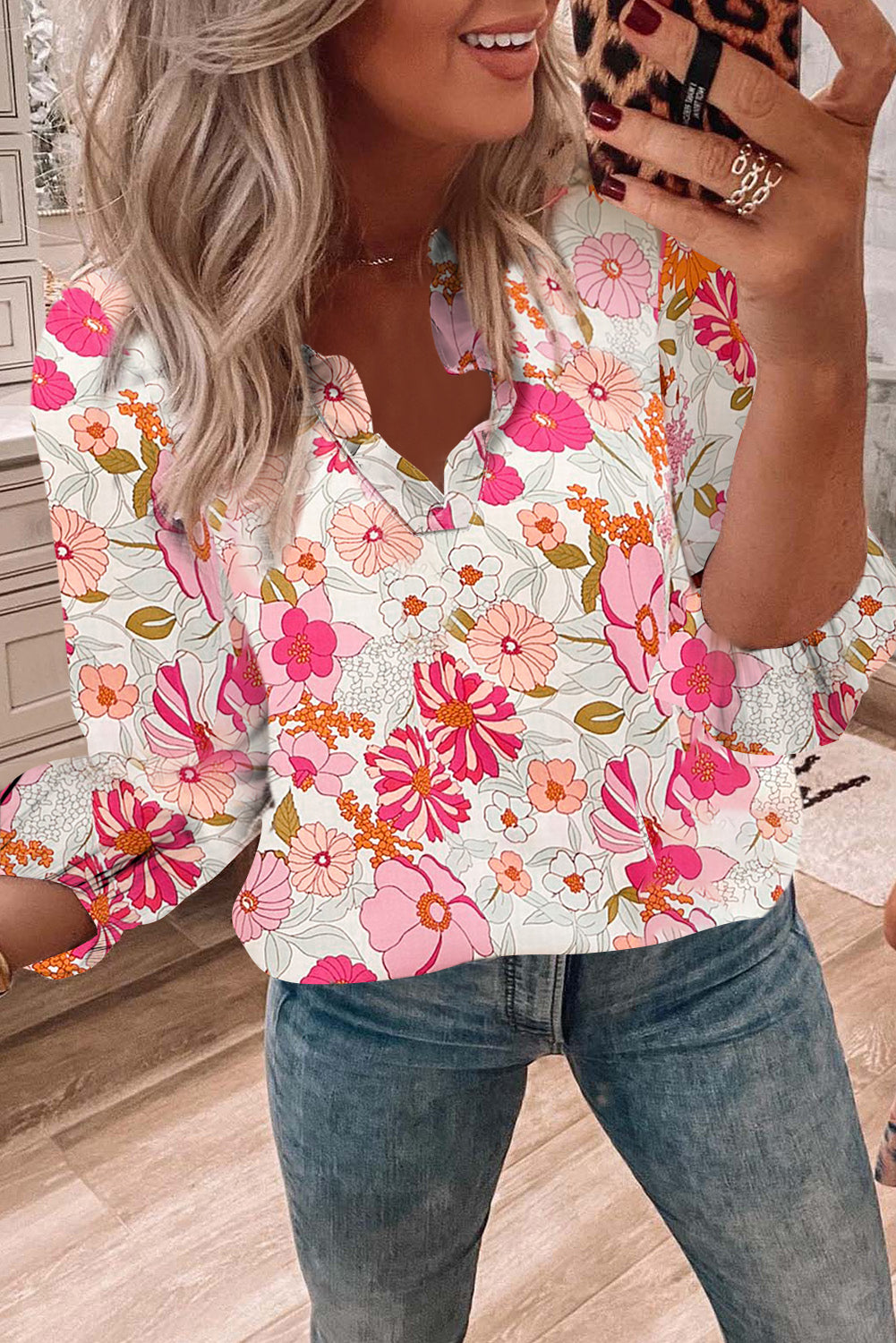 Bright White Floral Print Split V Neck Blouse Blouses & Shirts JT's Designer Fashion