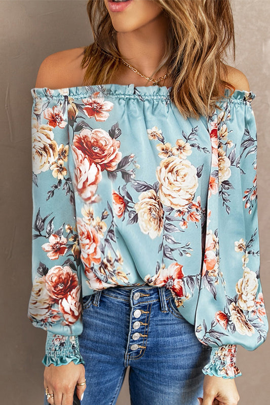 Sky Blue Ruffled Off Shoulder Long Sleeve Floral Blouse Blouses & Shirts JT's Designer Fashion