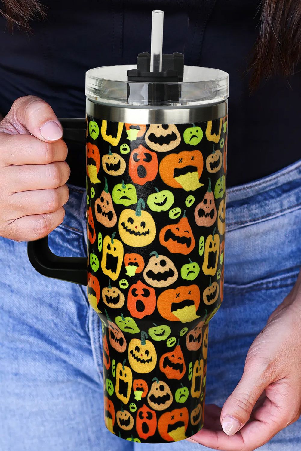 Black Halloween Pumpkins 40oz Stainless Steel Thermos Cup Tumblers JT's Designer Fashion