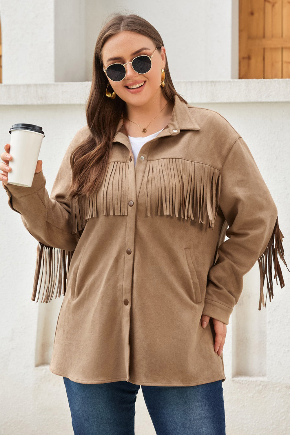 Khaki Fringe Trim Plus Size Suede Shacket Plus Size JT's Designer Fashion