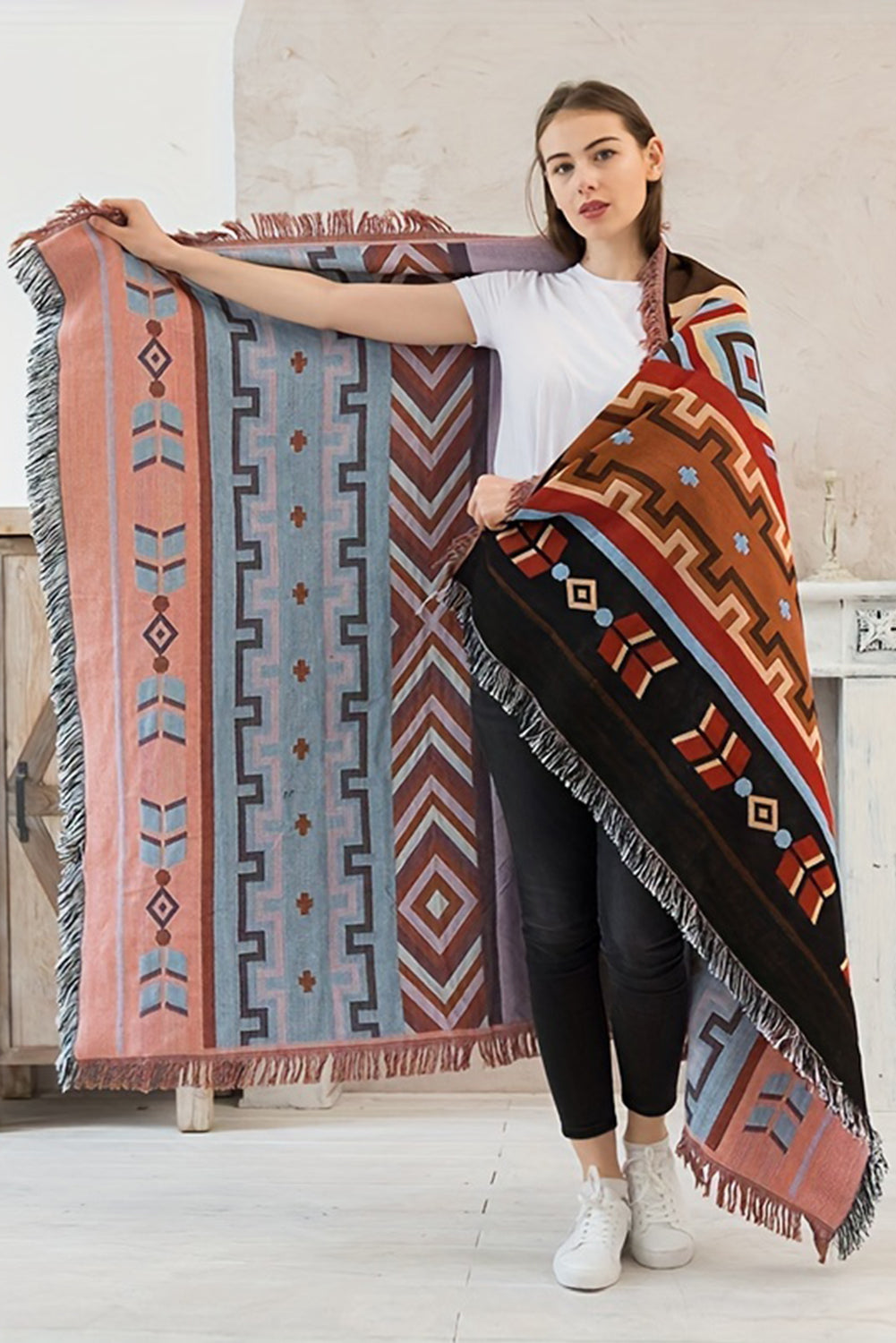 Ruby Western Aztec Print Raw Hem Large Blanket 130*180cm Other Accessories JT's Designer Fashion