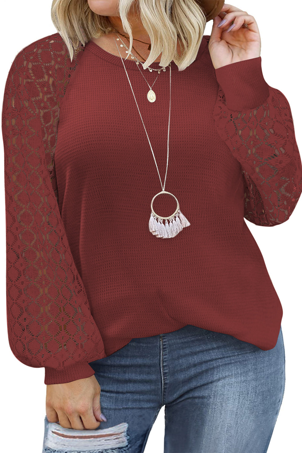 Red Plus Size Contrast Lace Sleeve Waffle Knit Top Plus Size JT's Designer Fashion