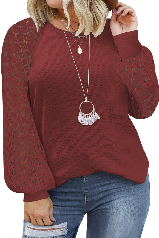 Red Plus Size Contrast Lace Sleeve Waffle Knit Top Plus Size JT's Designer Fashion