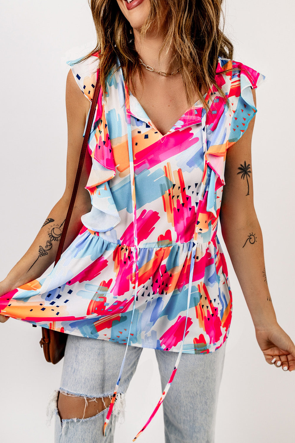 Multicolor Abstract Print V Neck Ruffled Tank Tank Tops JT's Designer Fashion