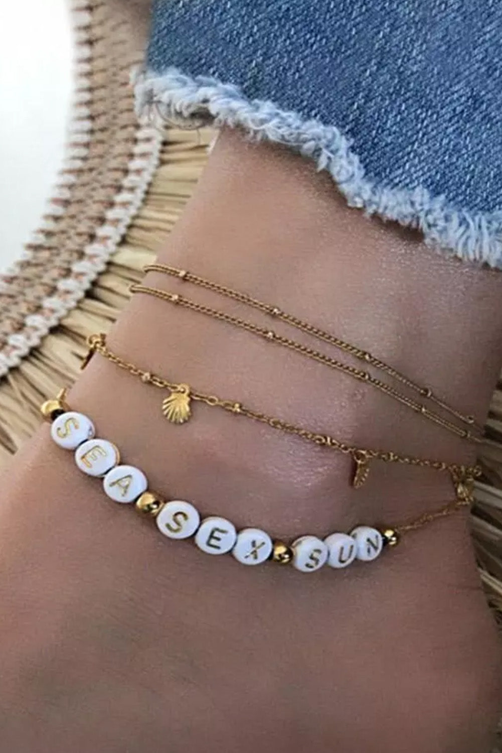 Gold 4Pcs Sea Sex Sun Shell Beading Anklet Set Jewelry JT's Designer Fashion