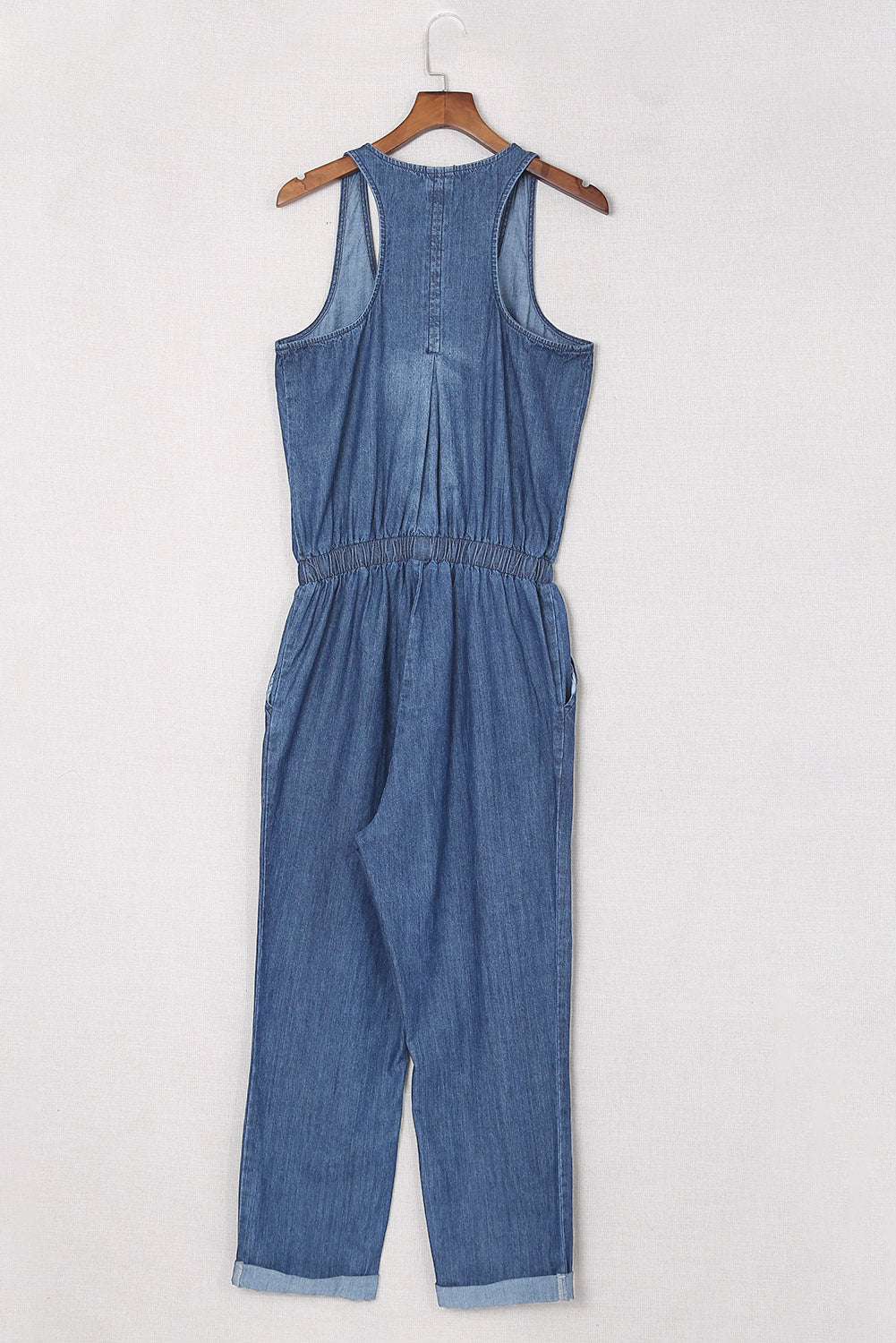 Blue High Waist Buttons Sleeveless Denim Romper Jumpsuits & Rompers JT's Designer Fashion