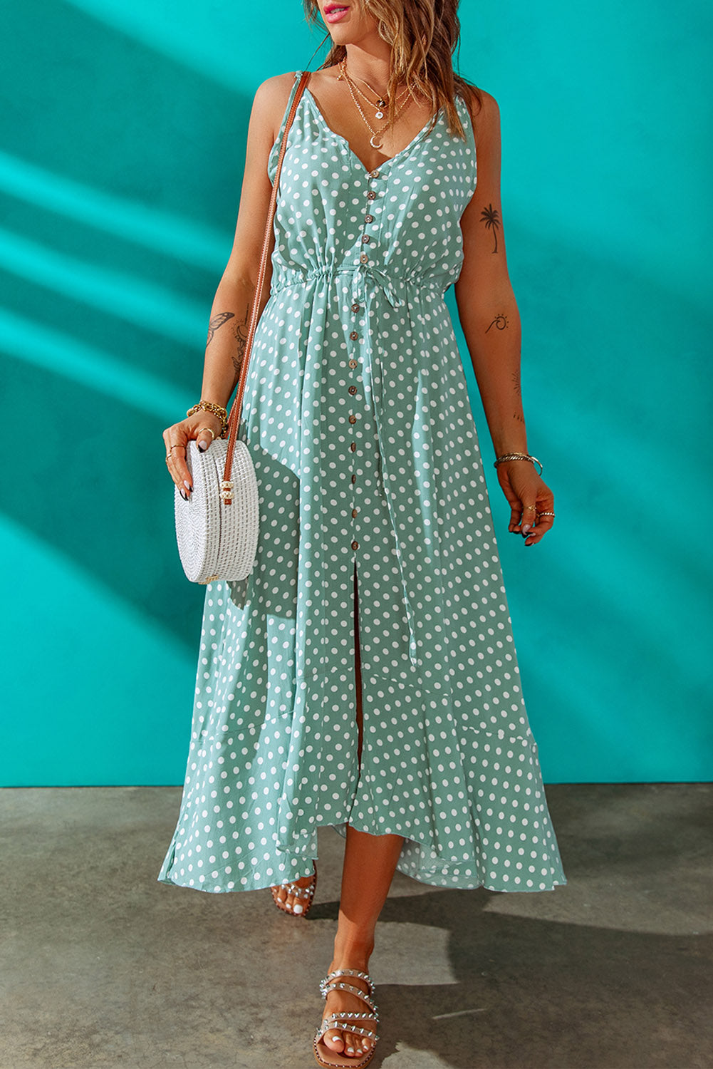 Green Polka Dot Print Split Buttoned V Neck Maxi Dress Maxi Dresses JT's Designer Fashion