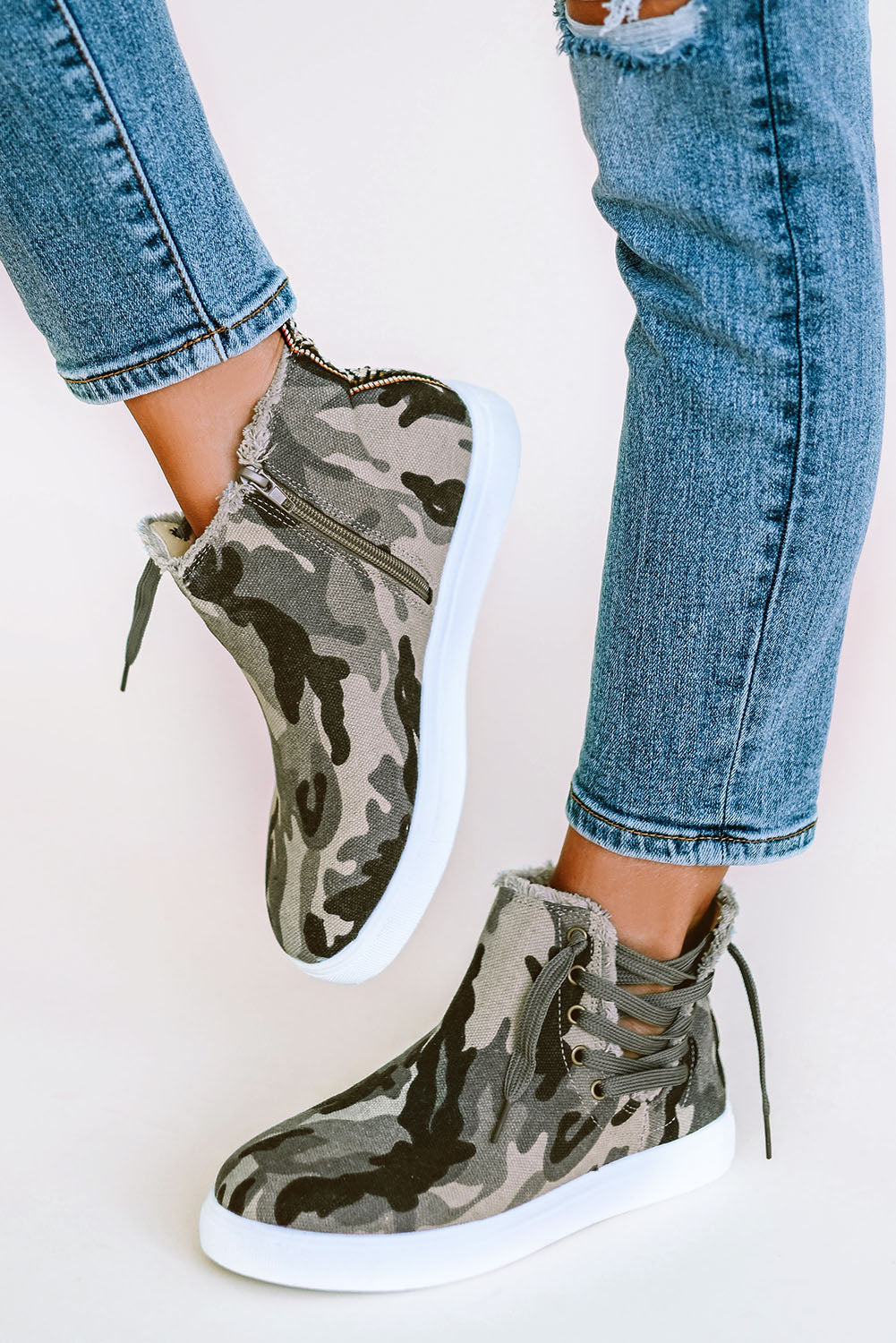 Green Camo Lace Up Raw Edge Platform Shoes Women's Shoes JT's Designer Fashion