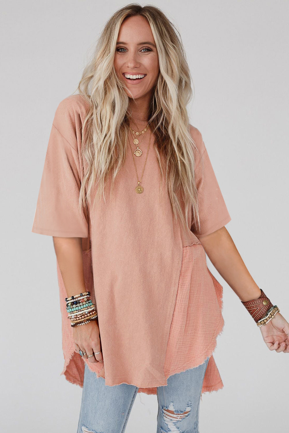 Apricot Pink Half Sleeve Raw Seam Oversized Blouse Tops & Tees JT's Designer Fashion