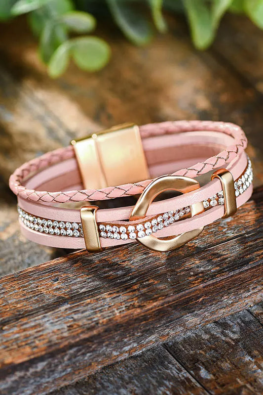 Pink Rhinestone Braided Multi-layer Magnet Buckle Bracelet Jewelry JT's Designer Fashion