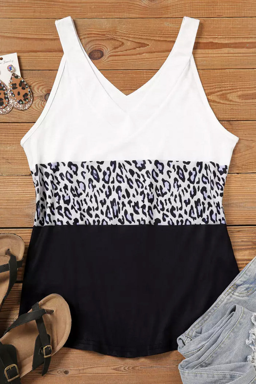 Black Leopard Print Contrast V-Neck Tank Top Tank Tops JT's Designer Fashion