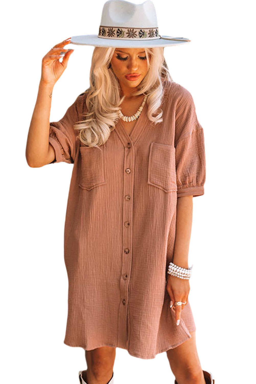 Brown Crinkle Textured Joint Bubble Sleeve Shirt Dress Mini Dresses JT's Designer Fashion