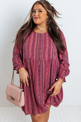 Wine Ditsy Floral Print Long Sleeve Plus Size Mini Dress Plus Size Dresses JT's Designer Fashion