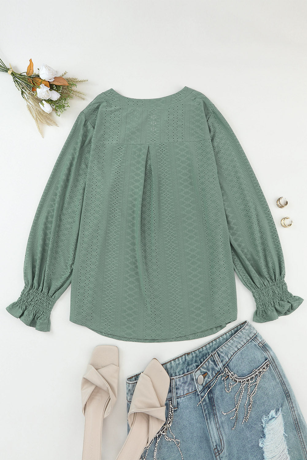 Green Eyelet Embroidered Split Neck Flounce Sleeve Curvy Top Plus Size JT's Designer Fashion