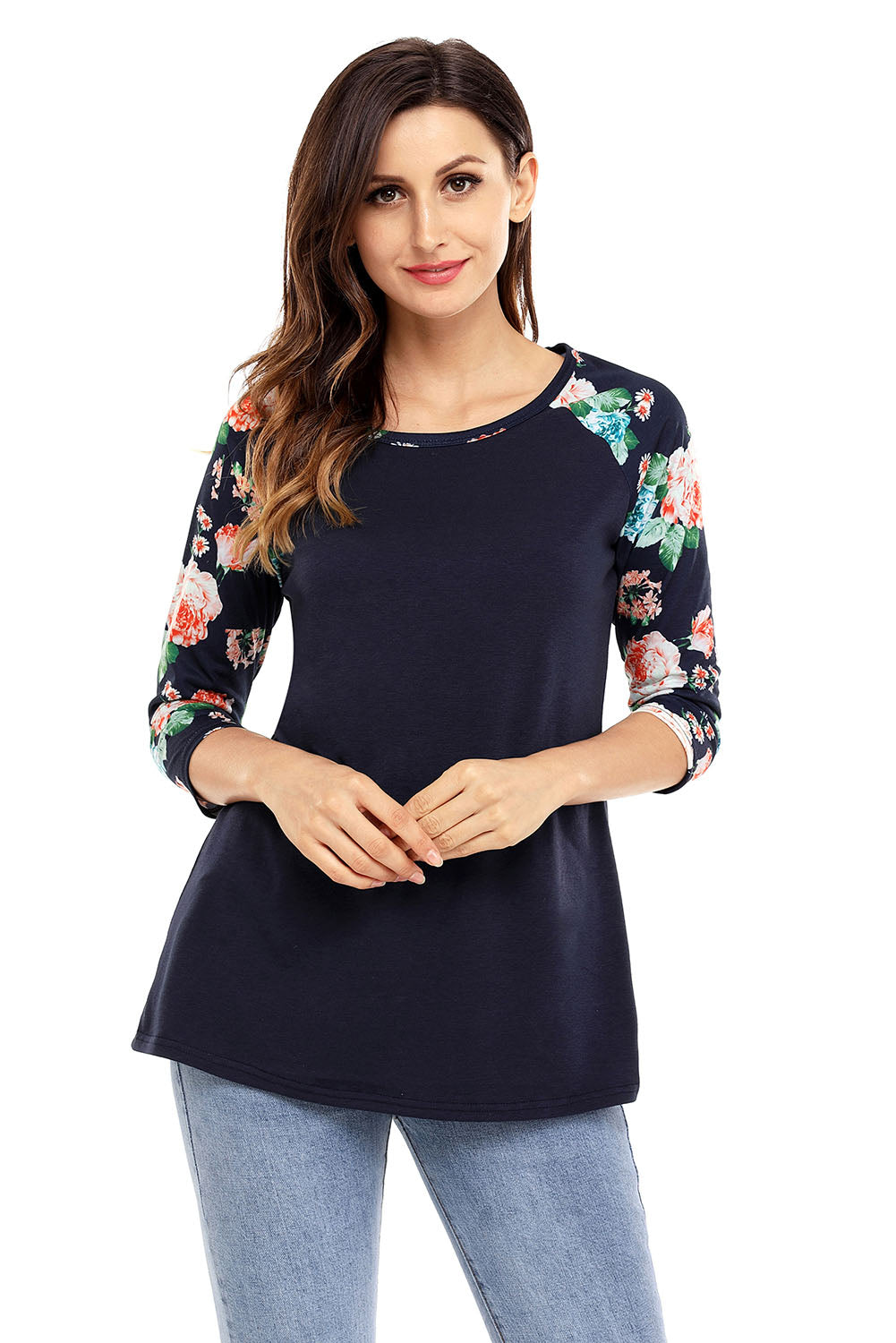 Floral Print Raglan Sleeve Black Top as shown 95%Polyester+5%Spandex Long Sleeve Tops JT's Designer Fashion