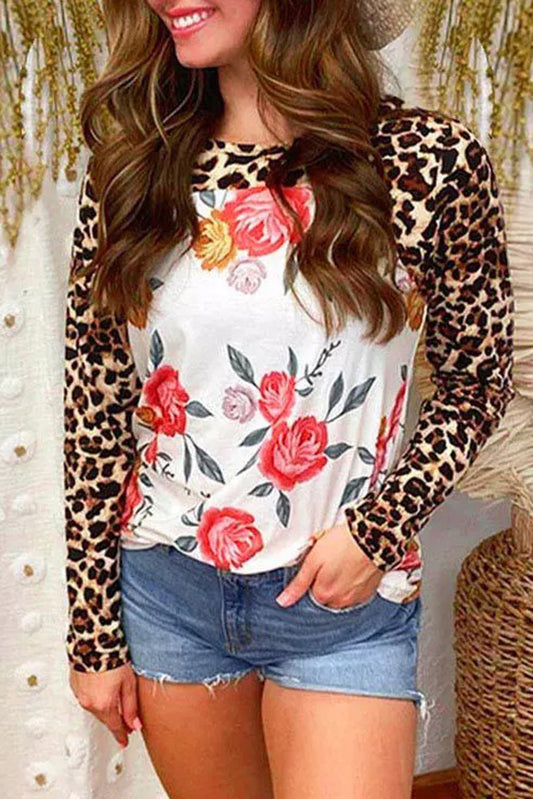 Leopard Floral Print Patchwork Long Sleeve Top White 95%Polyester+5%Elastane Long Sleeve Tops JT's Designer Fashion