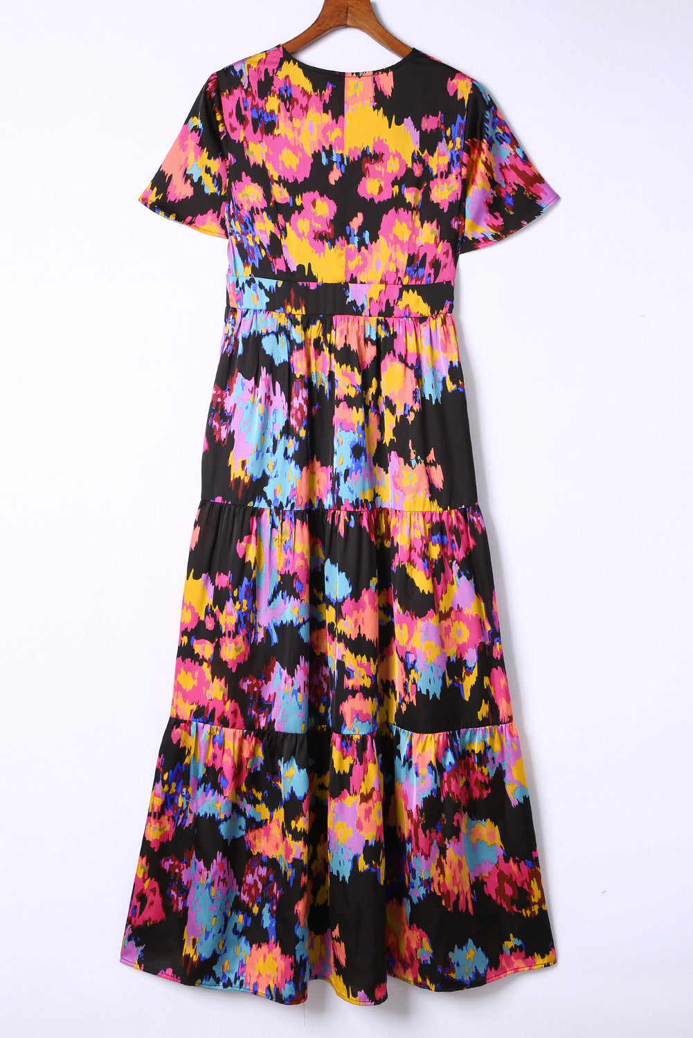 Black Abstract Floral Pattern Flutter Sleeve Tiered Maxi Dress Floral Dresses JT's Designer Fashion