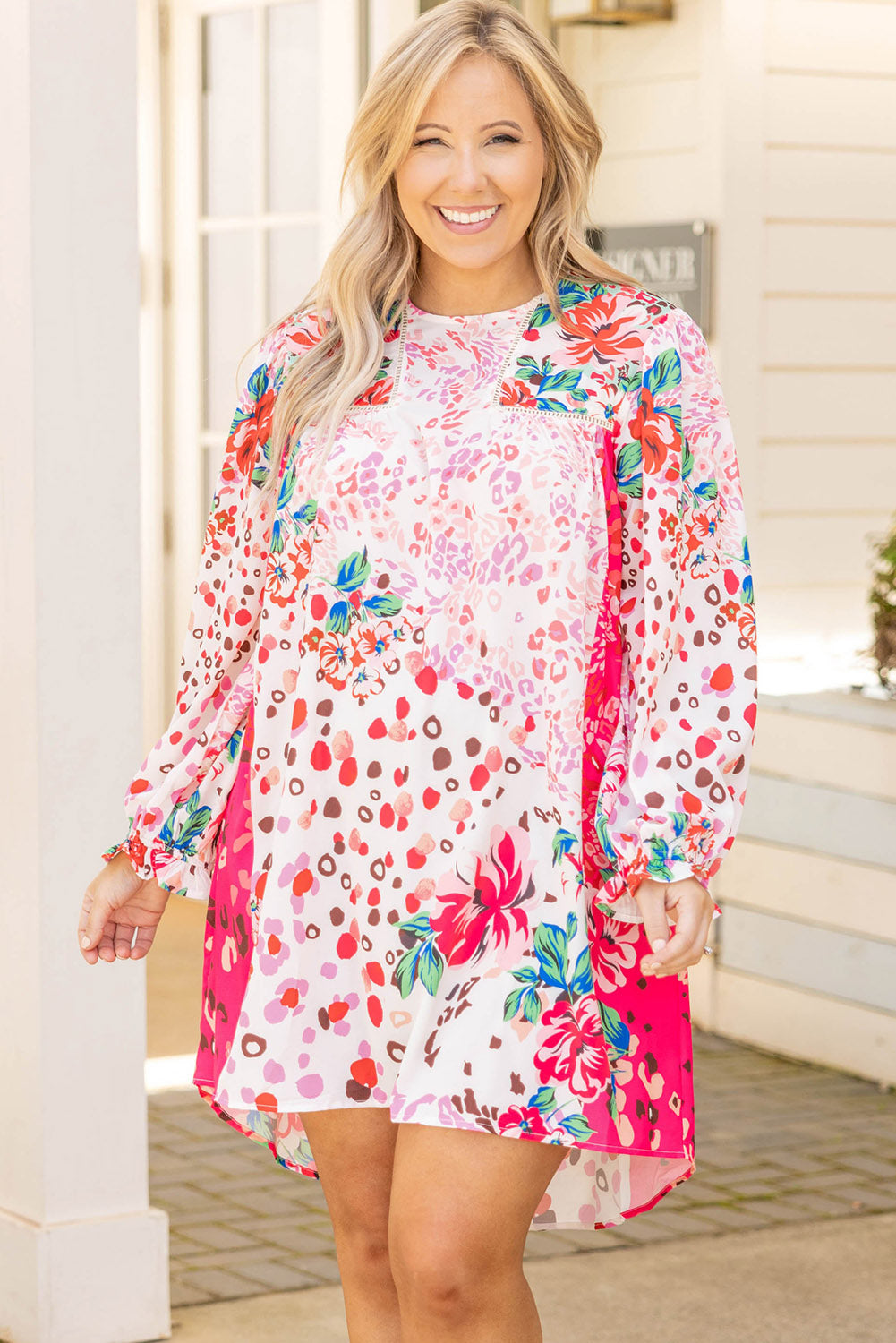 Rose Floral Long Sleeve Plus Size Shift Dress Plus Size JT's Designer Fashion