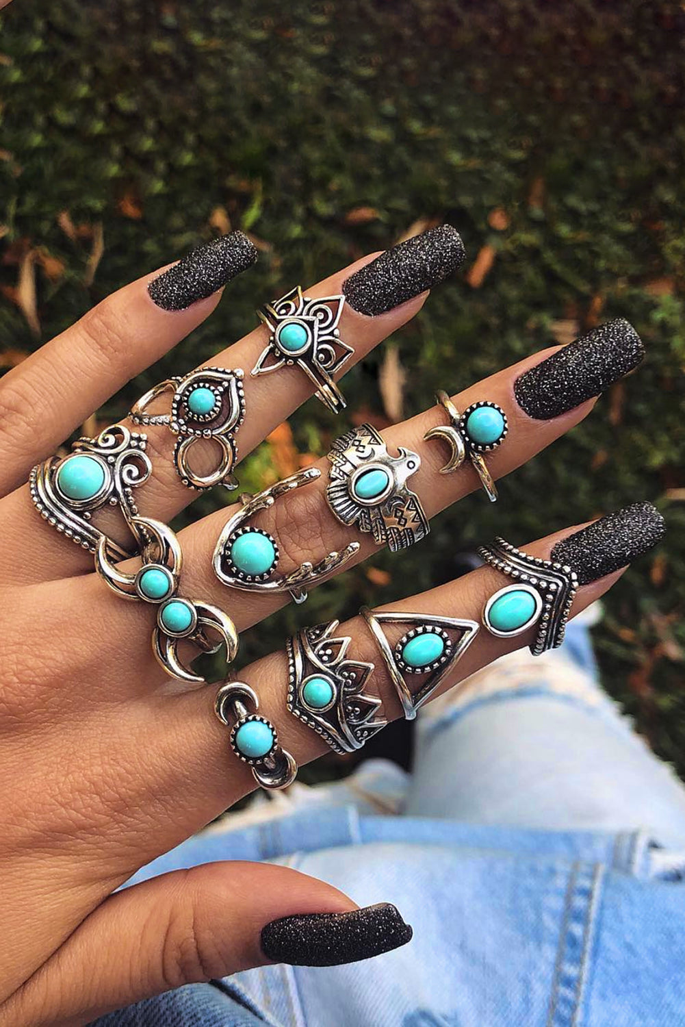 Green 11Pcs Turquoise Decor Rings Set Jewelry JT's Designer Fashion