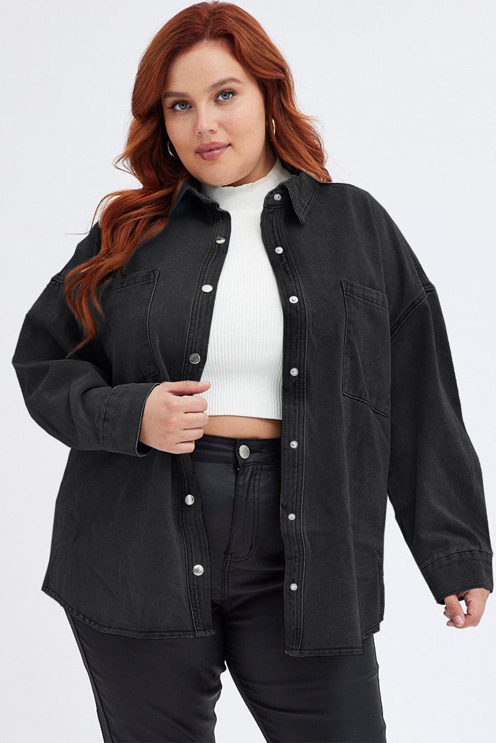 Black Plus Chest Pockets Snap Button Denim Jacket Plus Size JT's Designer Fashion