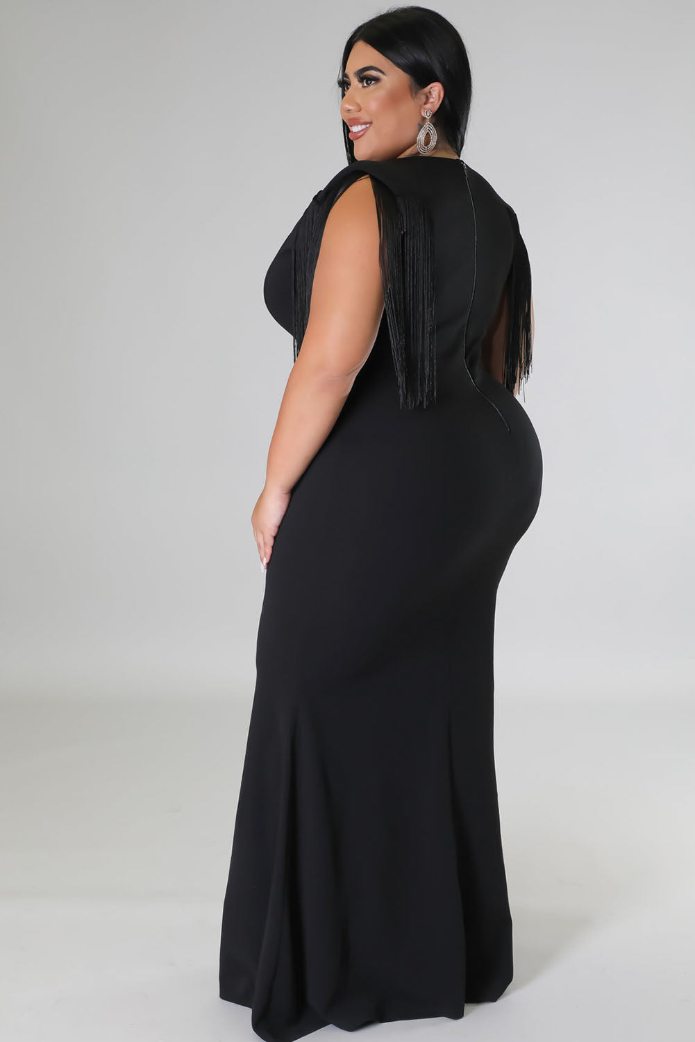 Black Plus Size Surplice V Neck Fringe Formal Maxi Dress Plus Size Dresses JT's Designer Fashion