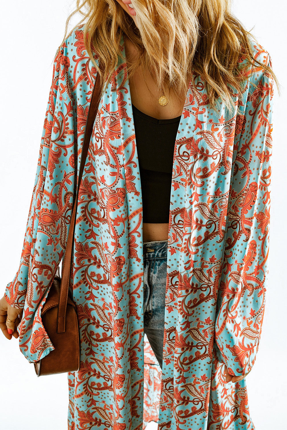 Sky Blue Boho Retro Floral Print Long Sleeve Oversized Kimono Kimonos JT's Designer Fashion