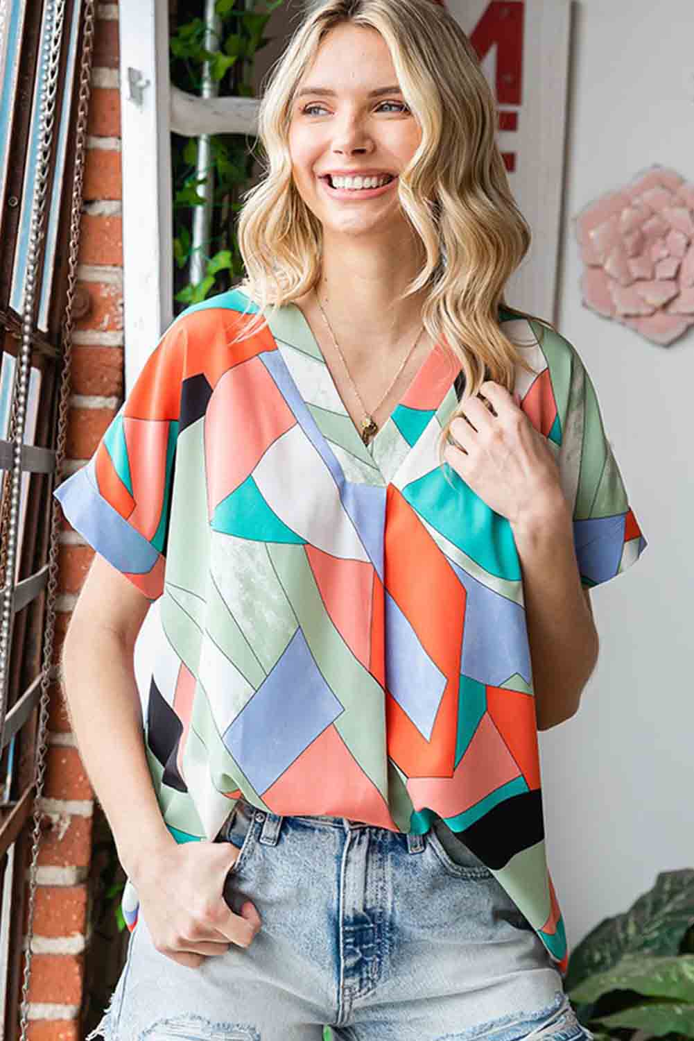 Multicolor Irregular Color Block Printed Short Sleeve Blouse Tops & Tees JT's Designer Fashion