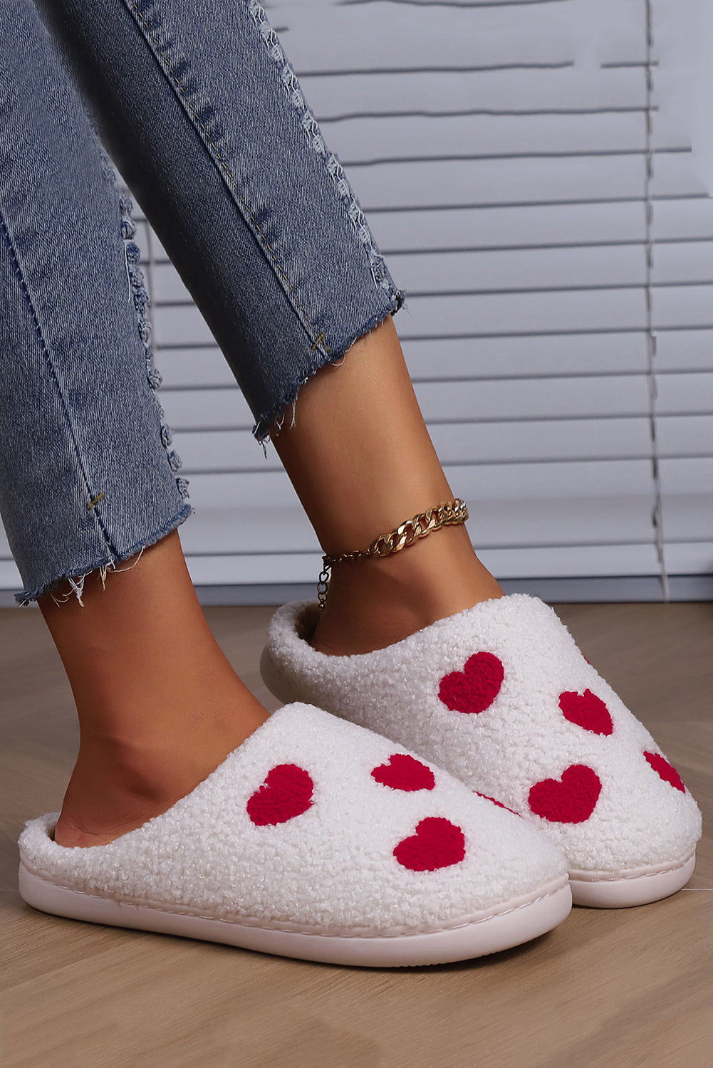 White Valentines Day Hearts Print Plush House Slippers Slippers JT's Designer Fashion