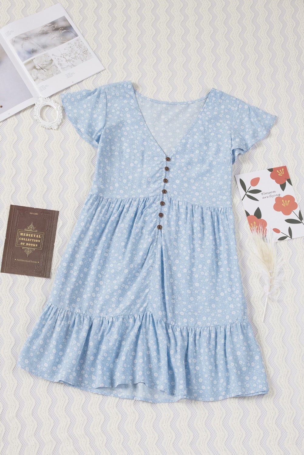 Sky Blue Floral V Neck Buttoned Babydoll Dress with Ruffled Hem Mini Dresses JT's Designer Fashion