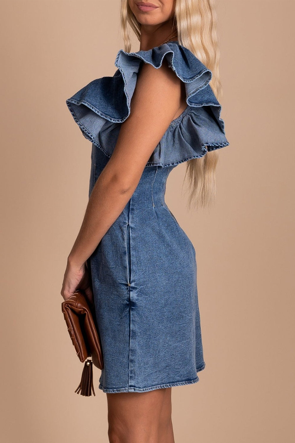 Blue Ruffle Pleated Denim Romper with Pockets Jumpsuits & Rompers JT's Designer Fashion