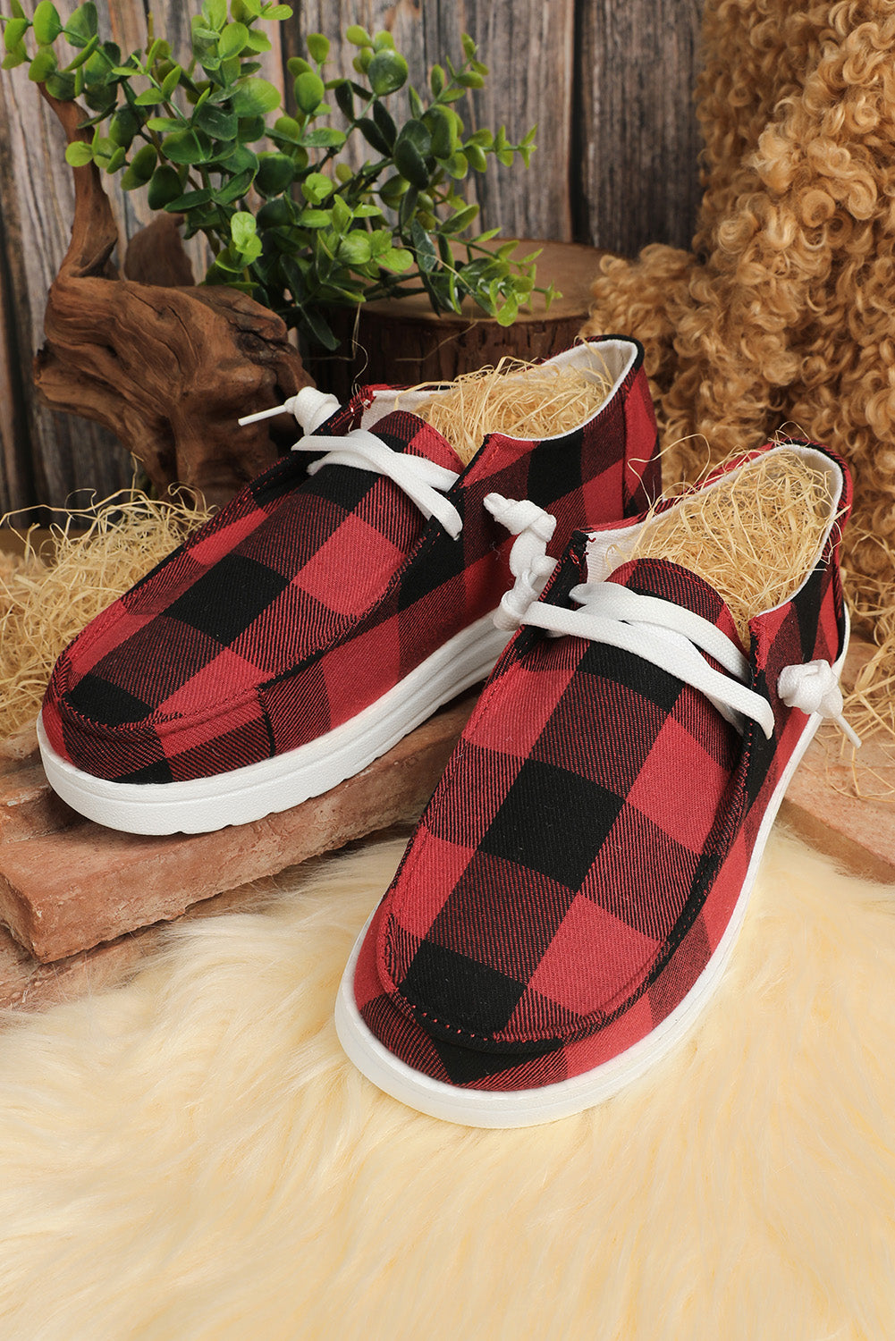 Red Vintage Plaid Lace Up Flat Shoes Women's Shoes JT's Designer Fashion