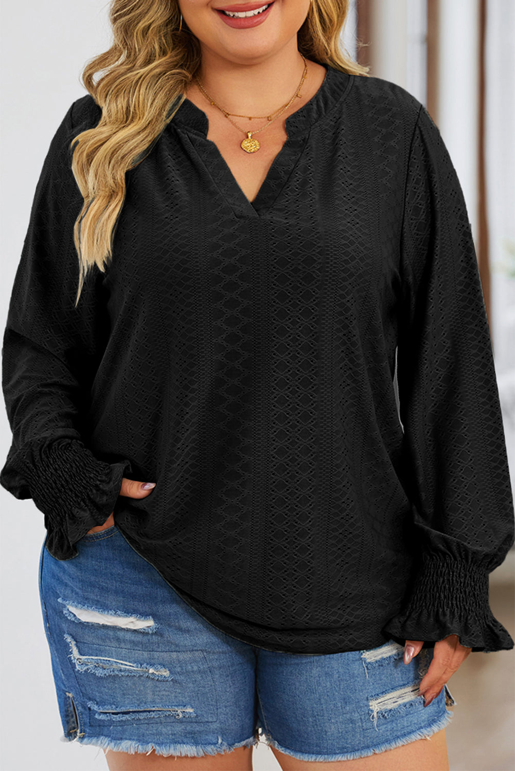 Black Eyelet Embroidered Split Neck Flounce Sleeve Curvy Top Plus Size JT's Designer Fashion