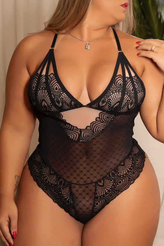 Black Strappy Hollow Out Floral Lace Plus Size Lingerie Plus Size Lingerie JT's Designer Fashion