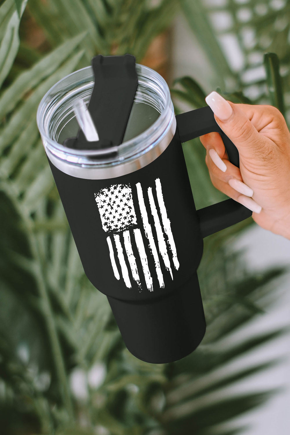 Black American Flag Print Stainless Steel Portable Cup with Handle 40oz Tumblers JT's Designer Fashion