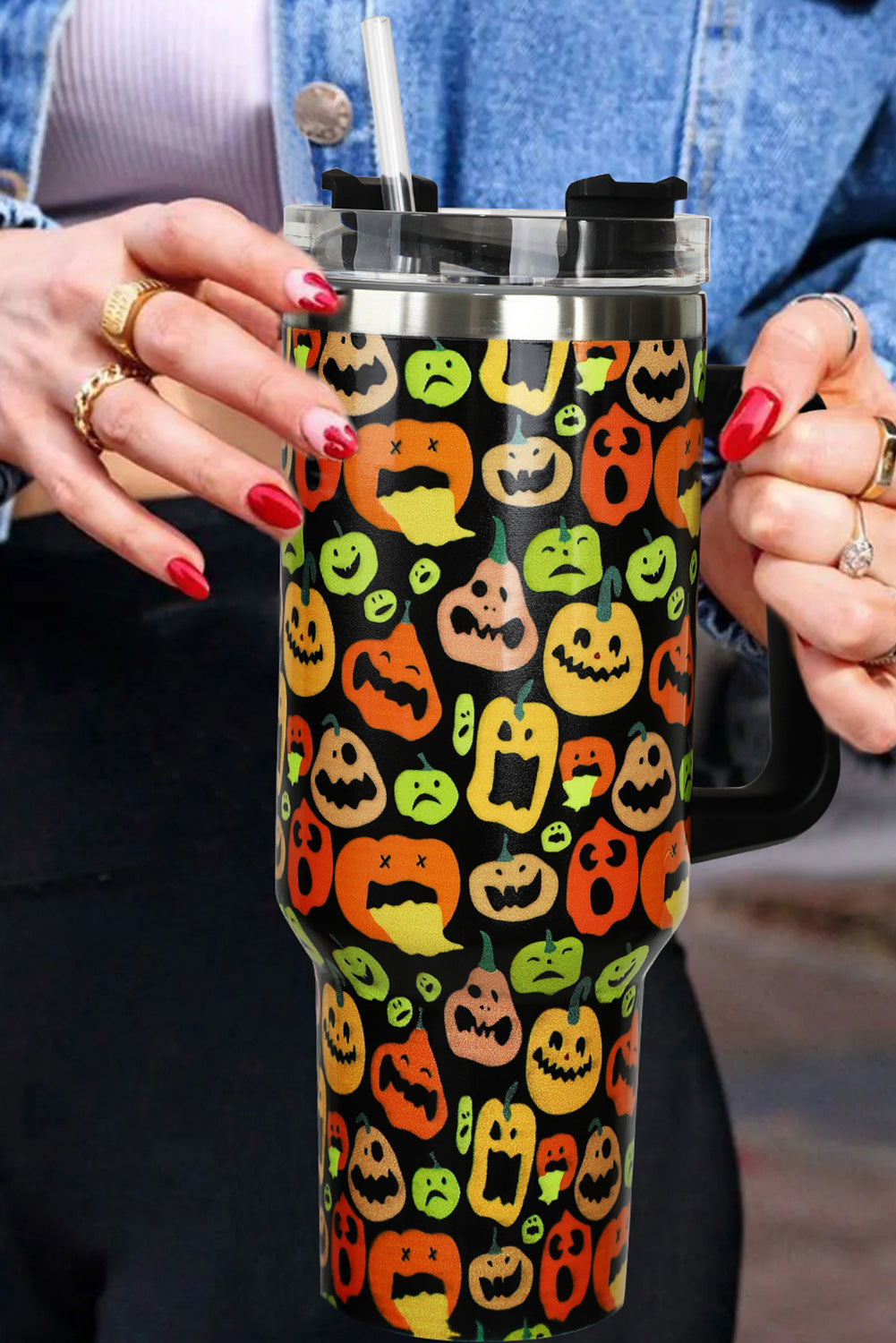 Black Halloween Pumpkins 40oz Stainless Steel Thermos Cup Tumblers JT's Designer Fashion