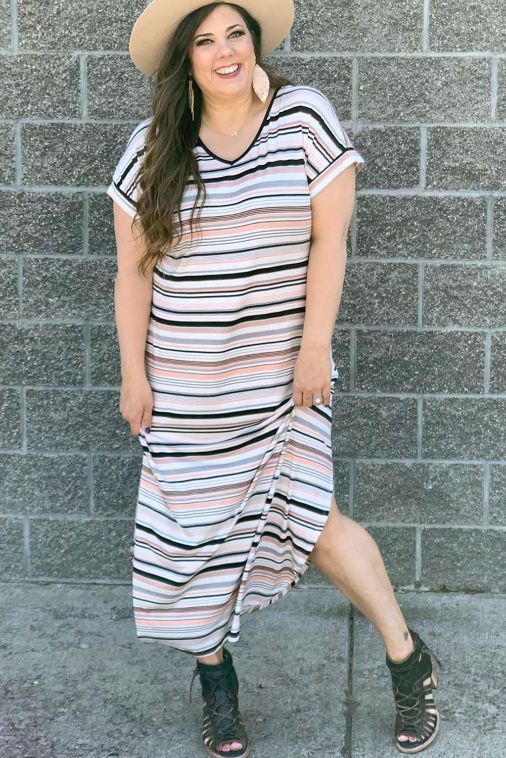 White Striped Print V Neck Side Split Plus Size Dress Plus Size Dresses JT's Designer Fashion