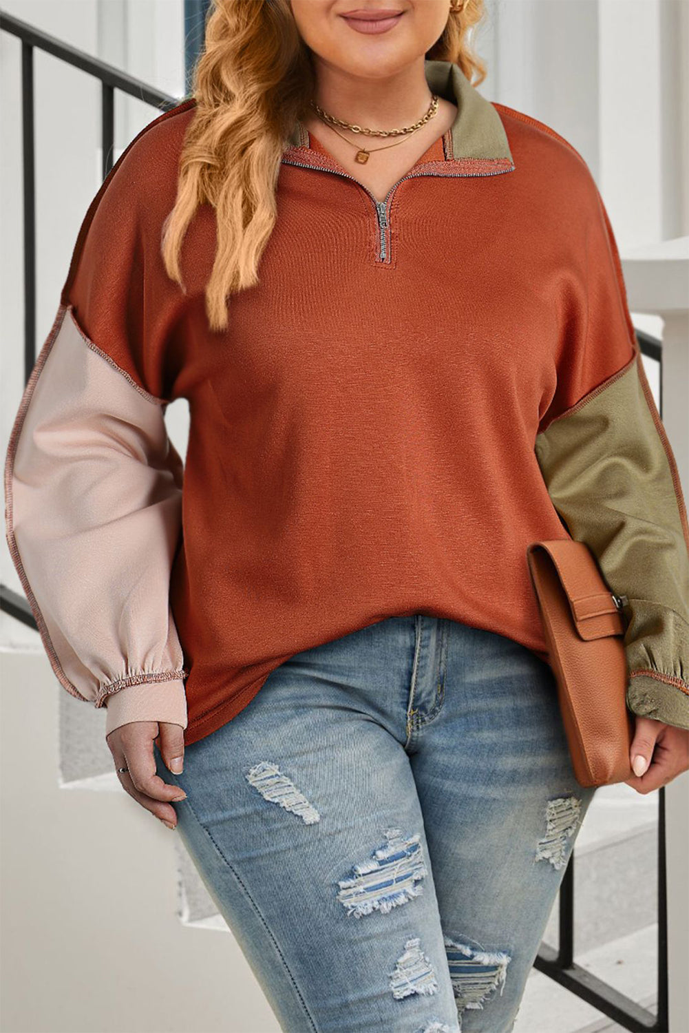 Gold Flame Colorblock Exposed Seam Quarter Zip Plus Sweatshirt Plus Size JT's Designer Fashion