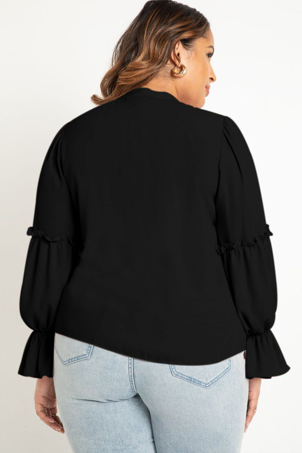 Black Plus Size Split Neck Ruffle Sleeve Blouse Plus Size JT's Designer Fashion