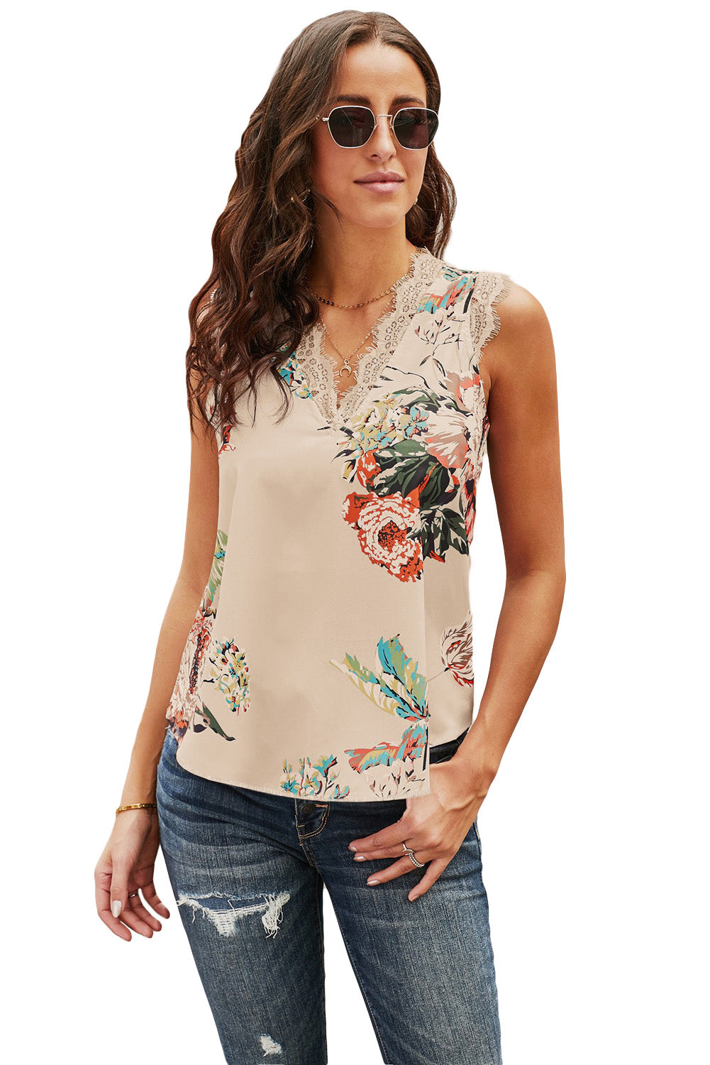 Apricot V Neck Lace Trim Floral Tank Tank Tops JT's Designer Fashion