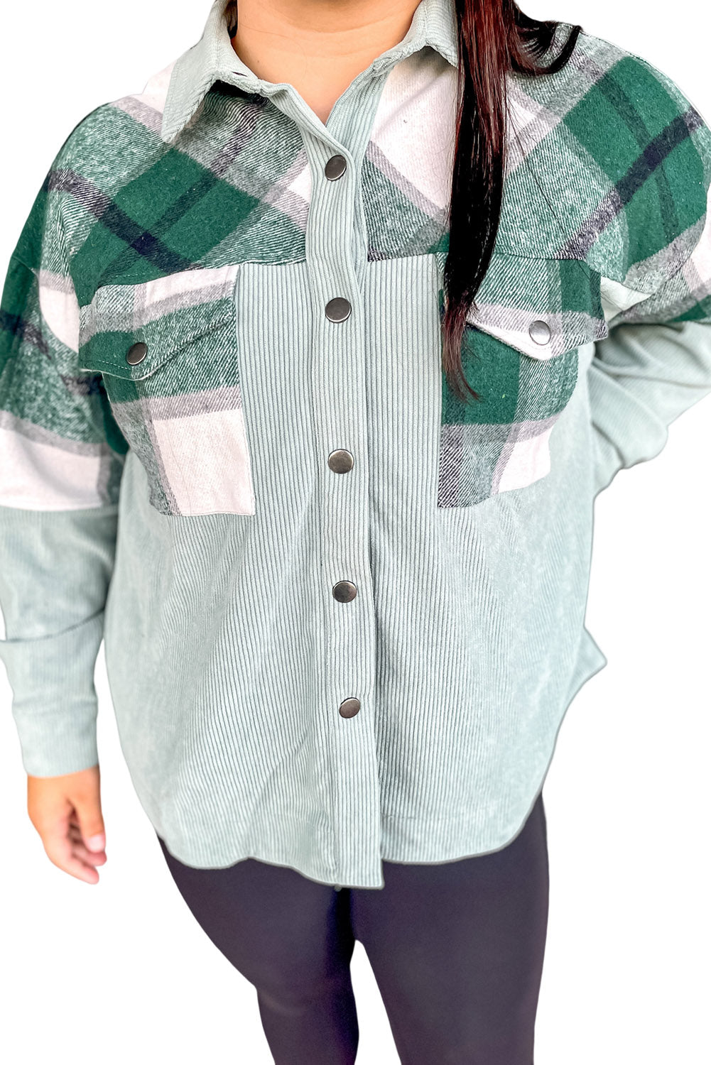 Green Plaid Patchwork Plus Size Corduroy Shacket Plus Size JT's Designer Fashion