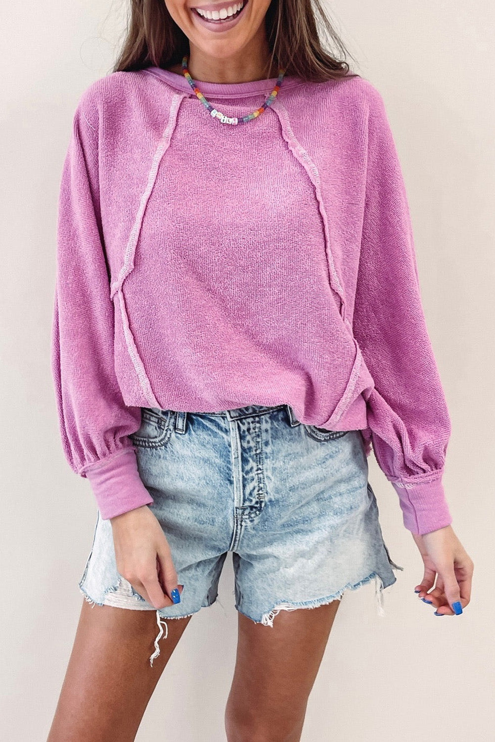 Pink Expose Seam Detail Terry Pullover Tops & Tees JT's Designer Fashion