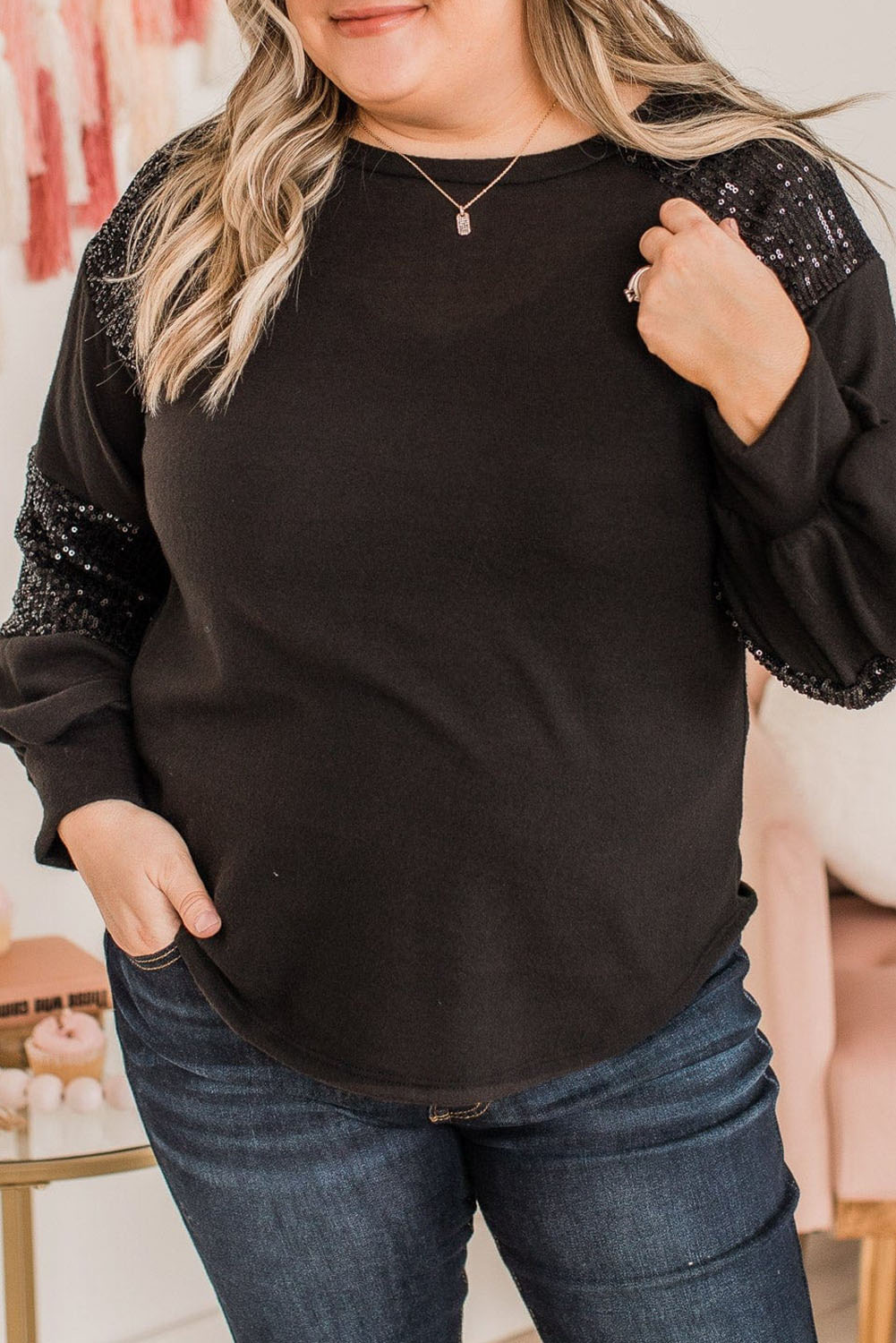 Black Plus Size Sequin Patchwork Top Plus Size JT's Designer Fashion