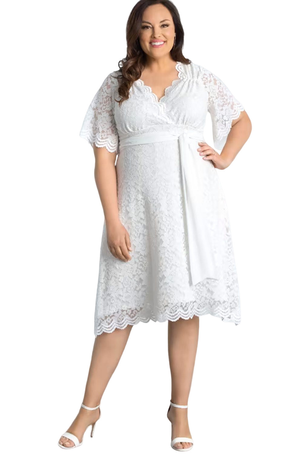 White Scalloped Lace Wrap V Neck Plus Size Dress Plus Size JT's Designer Fashion