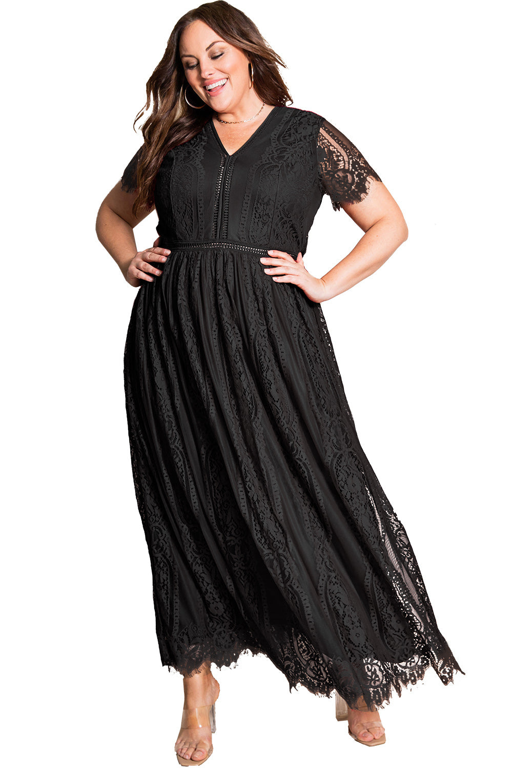 Black Eyelash Lace Short Sleeve Curvy Maxi Dress Plus Size Dresses JT's Designer Fashion