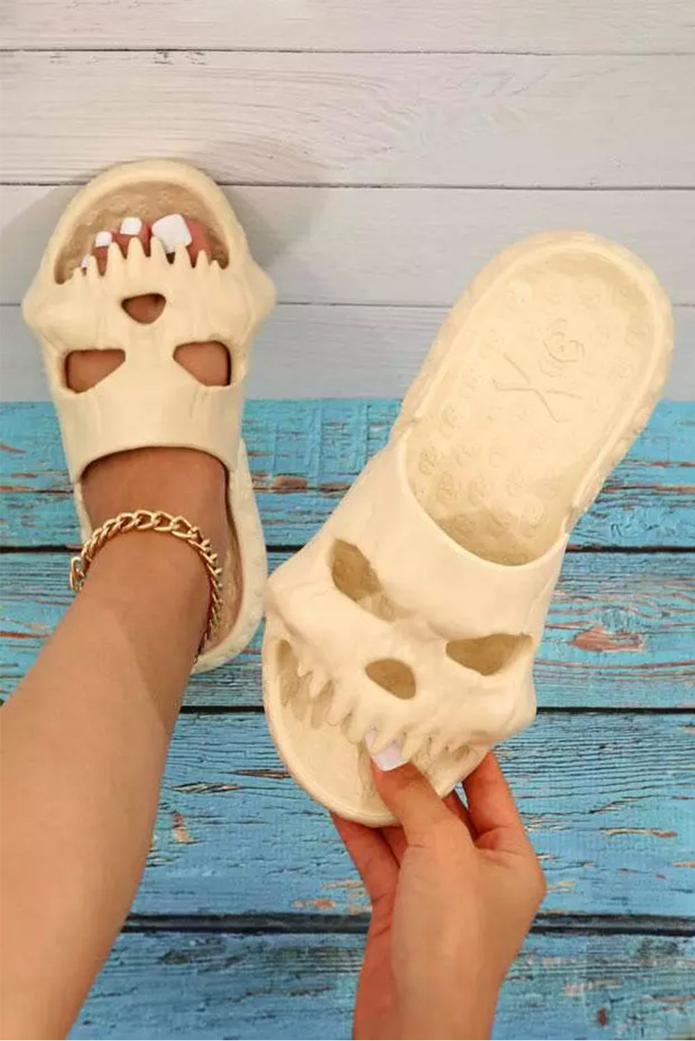 Beige Halloween Skull Open Toe Non-Slip Slippers Slippers JT's Designer Fashion