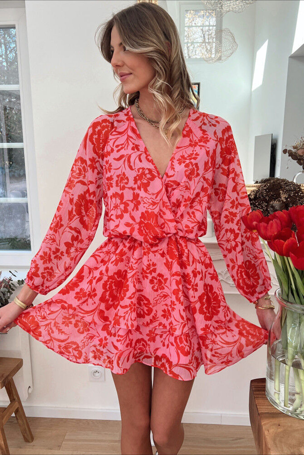 Red Floral Ruffle Layered Puff Sleeve Surplice Dress Dresses JT's Designer Fashion