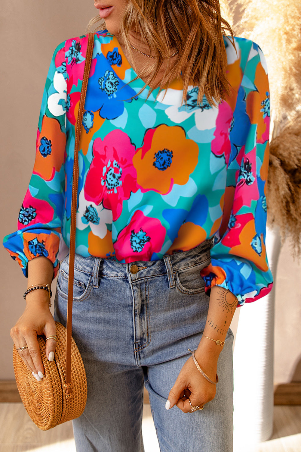 Multicolor Floral Print V Neck 3/4 Sleeve Blouse Blouses & Shirts JT's Designer Fashion