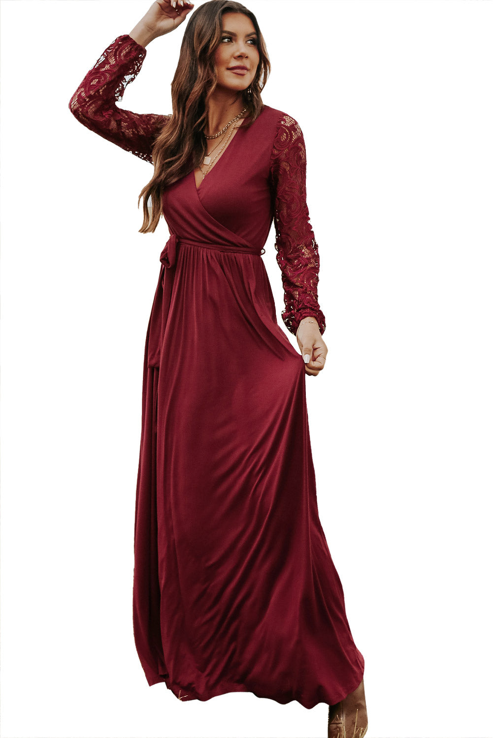 Red Lace Sleeve Faux Wrap Belted Maxi Dress Maxi Dresses JT's Designer Fashion
